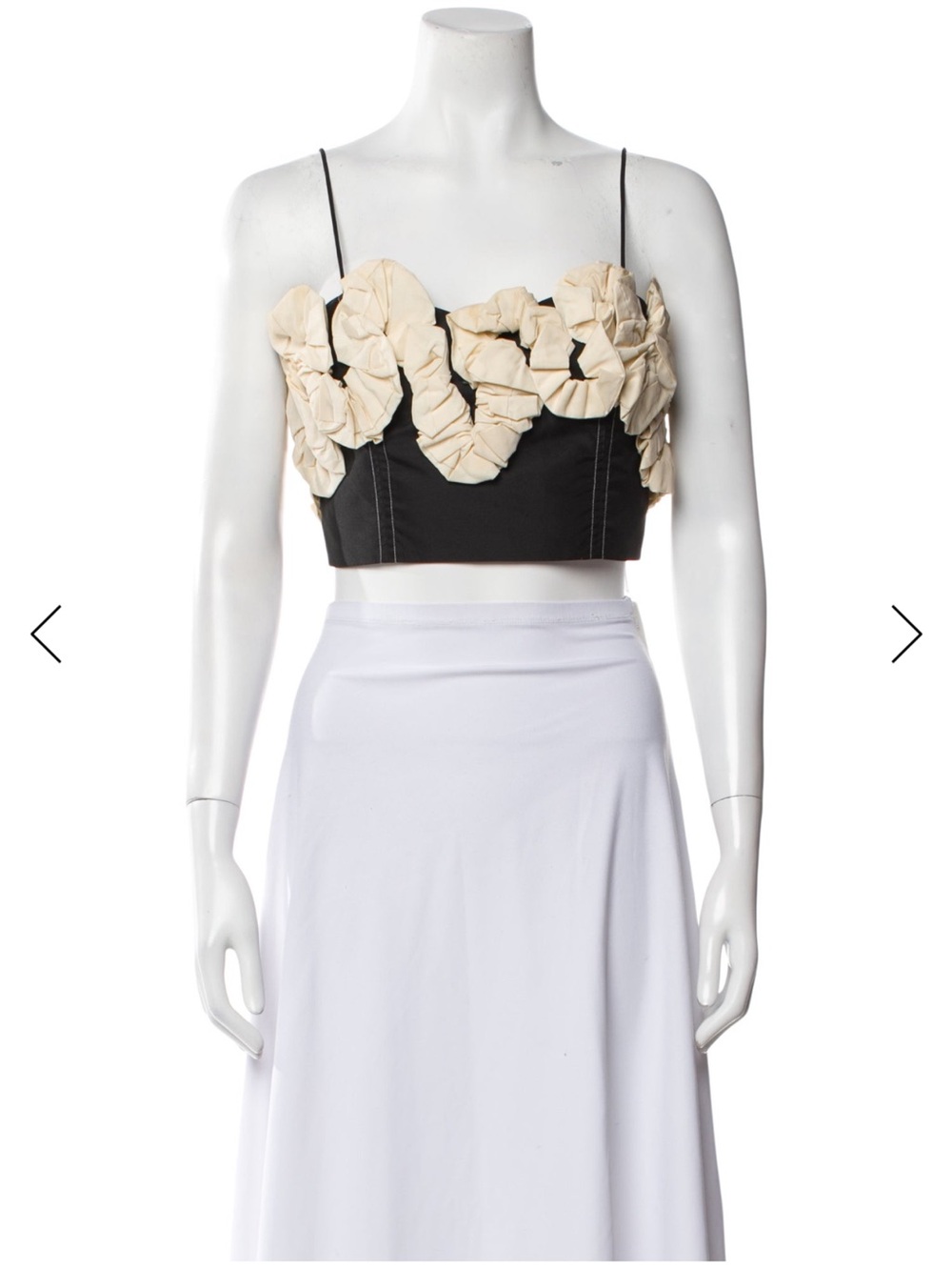 Ganni Black Crop Top with Cream Ruffle Floral Detail